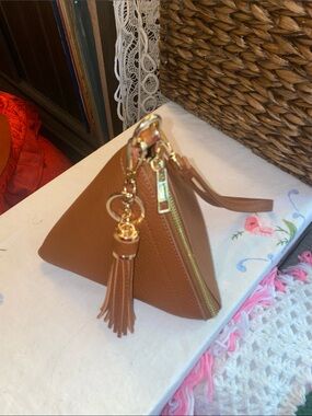 Brown Leatherette Pyramid wristlet  Bag with Tassel